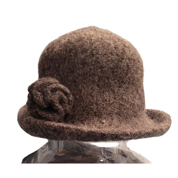 Gray Felted Bowler Hat Rosette Rolled Brim Women's Wool Vintage Cap - Picture 3 of 5